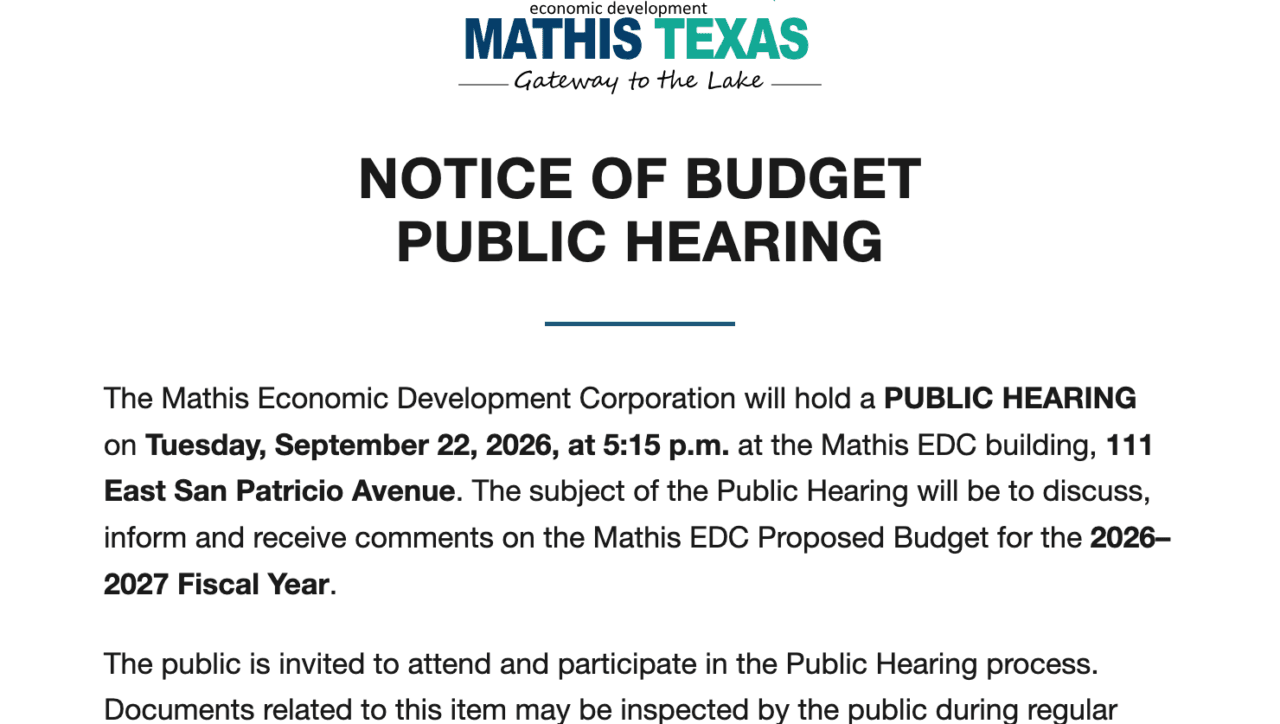 Notice of Budget Public Hearing - Mathis EDC, Tuesday September 22, 2026 at 5:15 p.m.