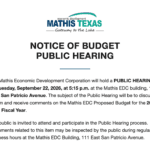 Notice of Budget Public Hearing - Mathis EDC, Tuesday September 22, 2026 at 5:15 p.m.