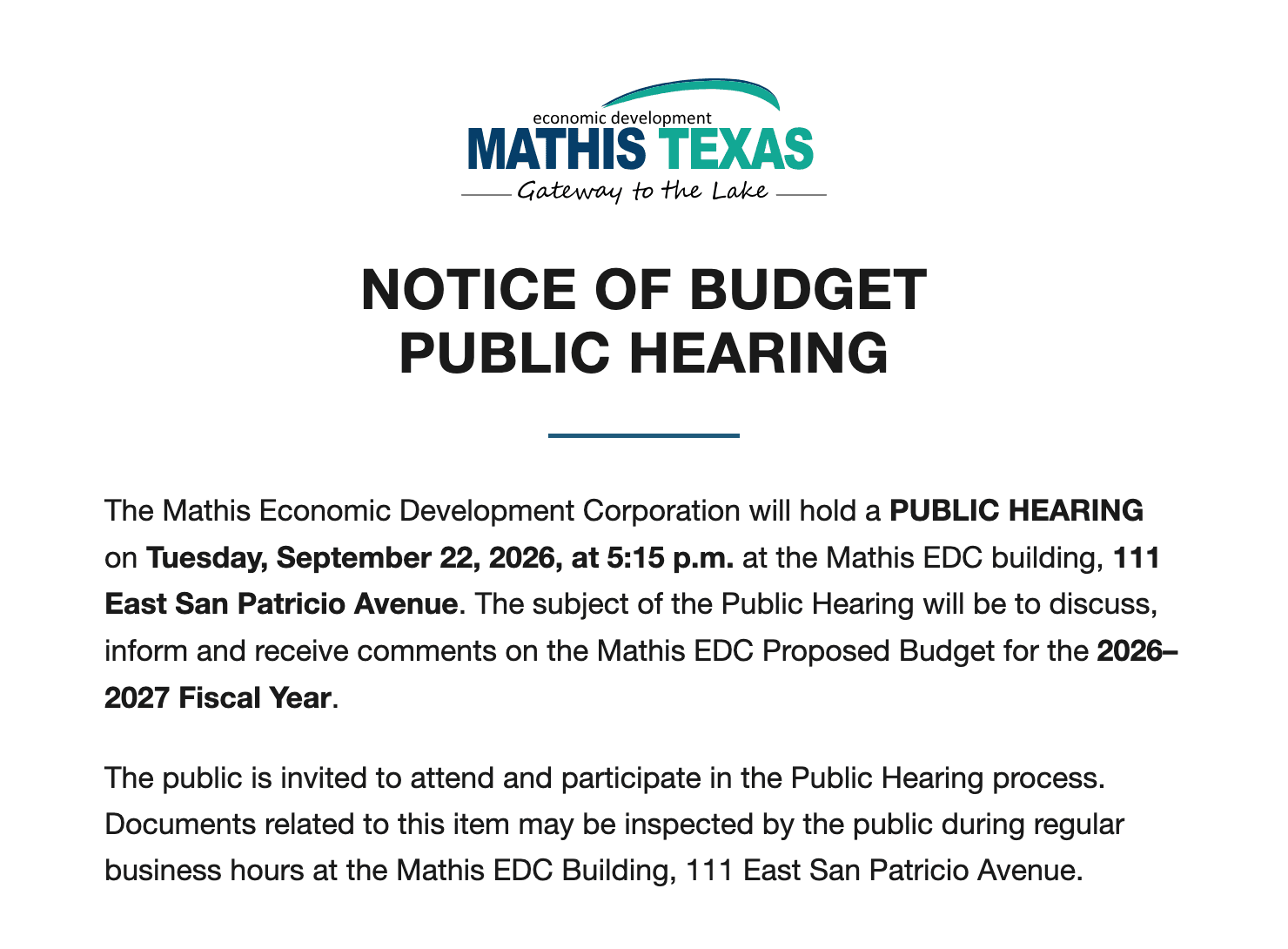 Notice of Budget Public Hearing